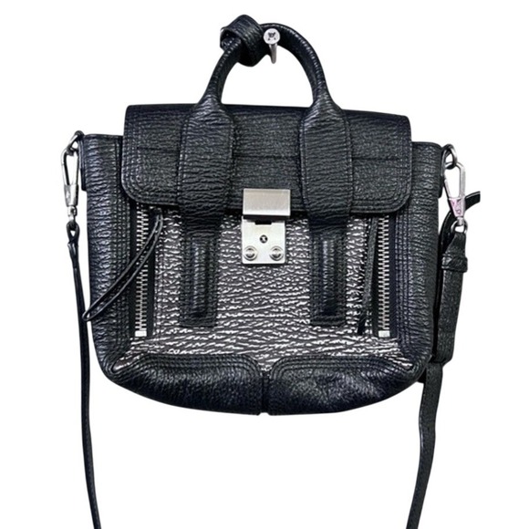 3.1 Phillip Lim Pashli Satchel Bag Black Pebble Leather Metallic Textured - Picture 2 of 13